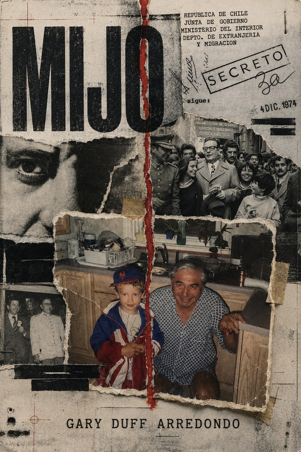 Mijo book cover: a collage of torn archival photographs and a Chilean government document stamped SECRETO