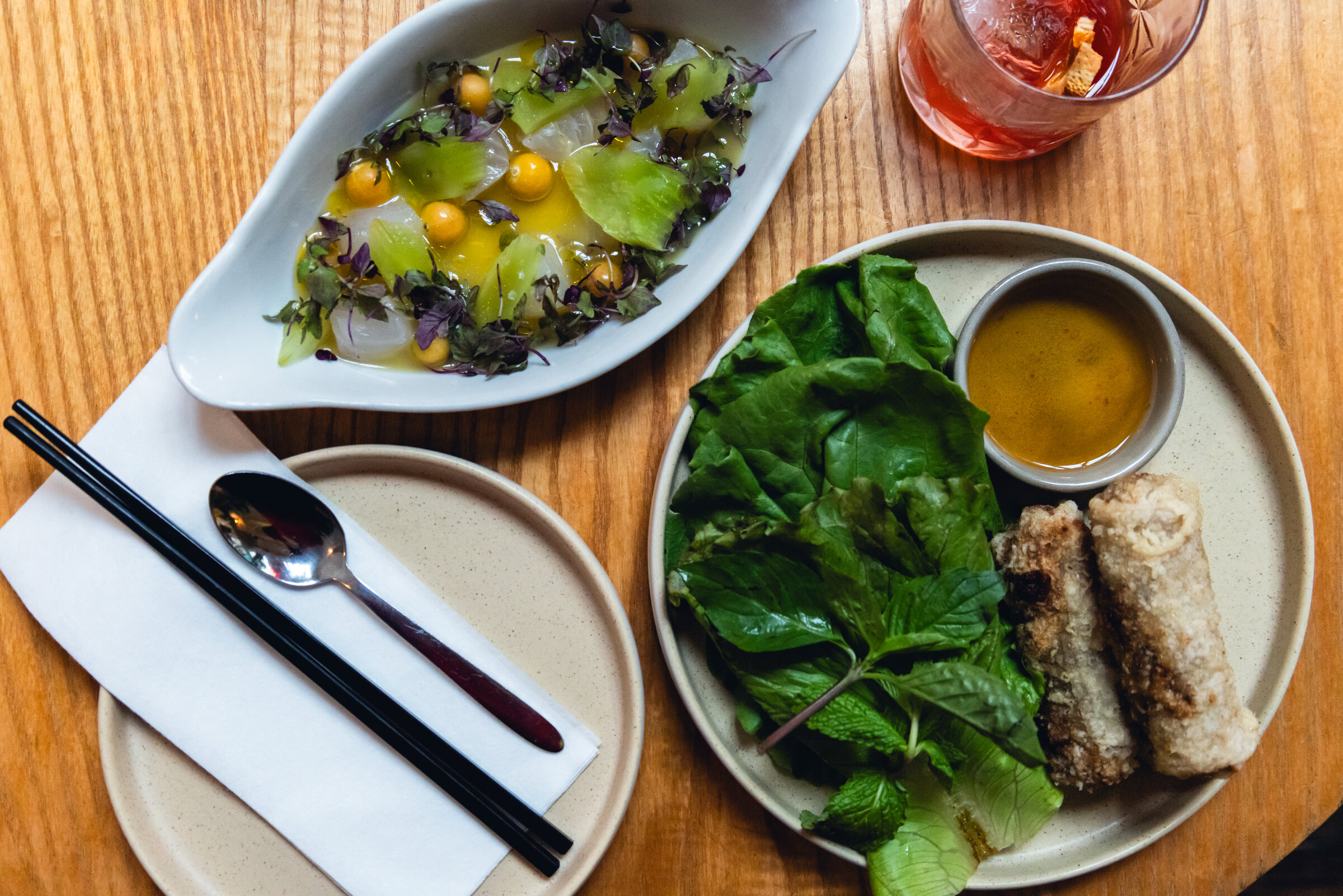 Overhead view of the collaboration dishes and place setting
